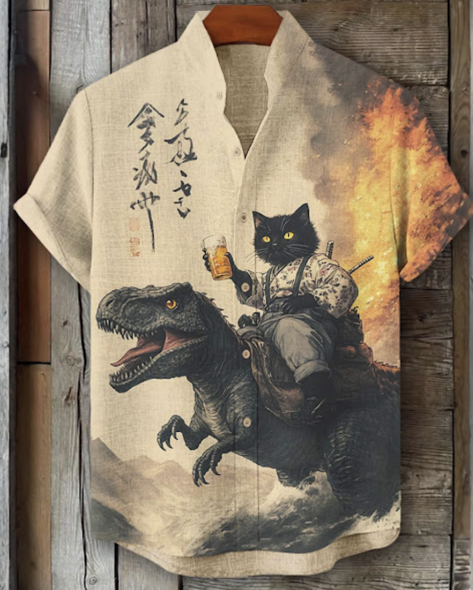 AI generated t-shirt image with a samurai cat riding a dinosaur while holding a drink in one hand
